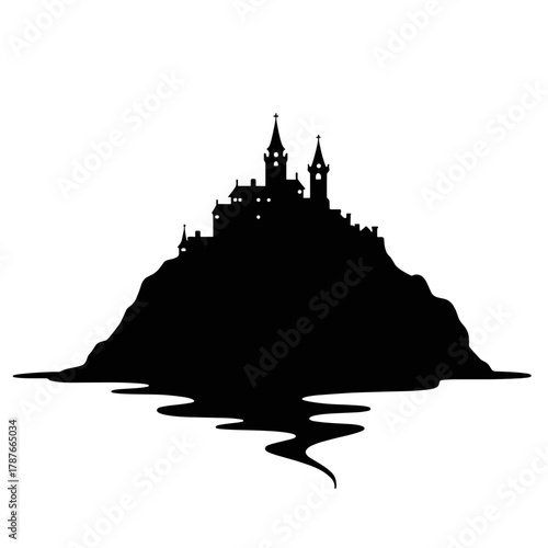 Isolated castle silhouette stands elegantly, showing mountain top residence in black color. Isolated castle silhouette, dramatic architectural landscape, is mirrored on water.