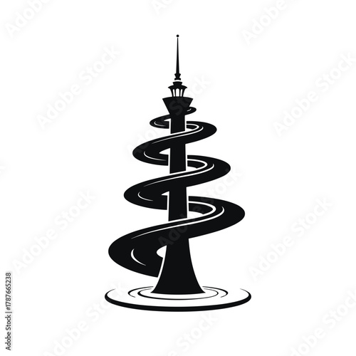 Isolated tower with winding structure in silhouette, black and white. Tower architecture has spiral slide, minimalist design. Isolated tower stands out. Concept isolated for logo design, icon,