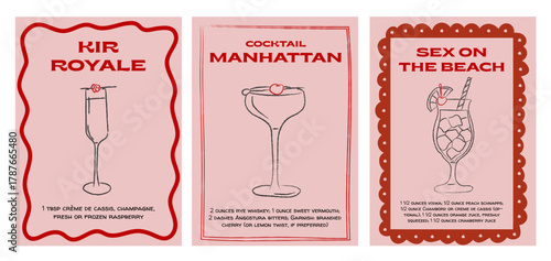 Retro whimsical cocktail recipe cards for Kir Royale, Manhattan, and Sex on the Beach. Hand drawn illustrations with playful borders. Classic bar drinks for party decor, graphic prints, menu design.