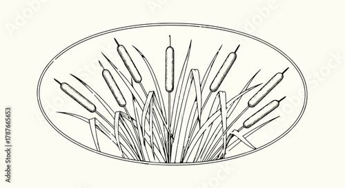Elegant illustration of reeds and cattails in an oval frame, evoking natural tranquility.
