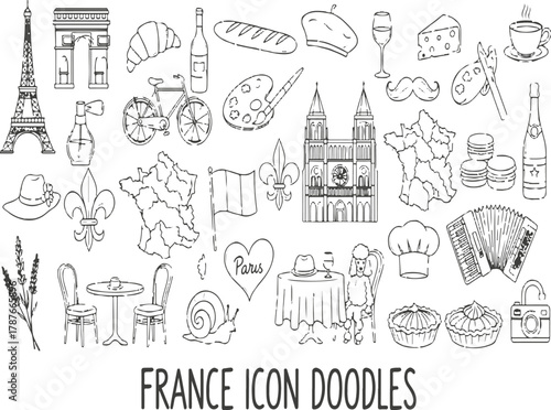 Hand drawn French culture and travel doodles icon set of Paris landmarks and symbols isolated on Transparent Background