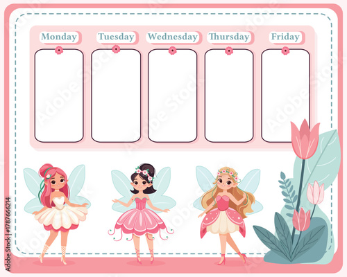 A weekly planer for a student. School Time Table Template with a genuine fairies on white background. Vector illustration in flat cartoon style