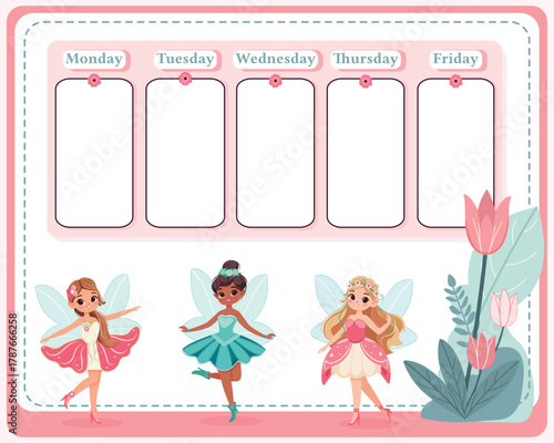 A weekly planer for a student. School Time Table Template with a genuine fairies on white background. Vector illustration in flat cartoon style