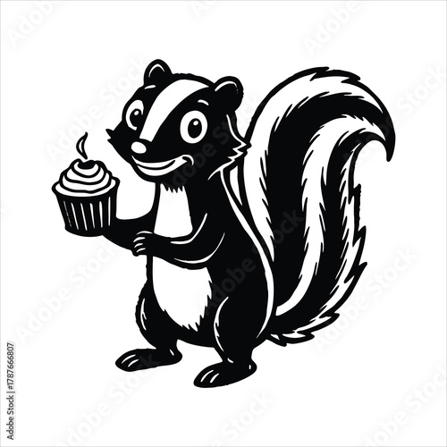 Cute skunk holding cupcake with happy face