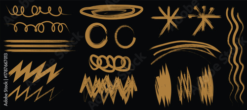 abstract gold brush stroke collection on black background, hand drawn golden paint stroke set with swirl and zigzag lines, creative gold brush texture design with circular and wavy patterns

