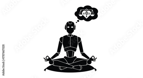 Silhouette of a robot meditating with thoughts of balance and justice in a thought bubble.