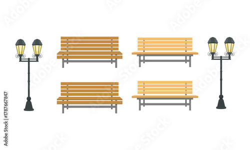 Urban Park Benches and Street Lamps Collection