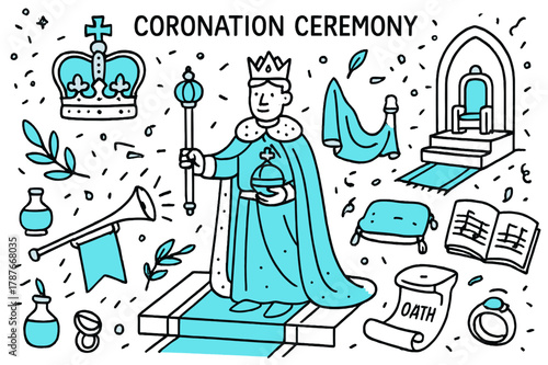 Doodle Coronation Icons. Coronation ceremony. Hand-drawn doodle illustration coronation ceremony [crown (accented), orb (accented), scepter (accented), velvet
