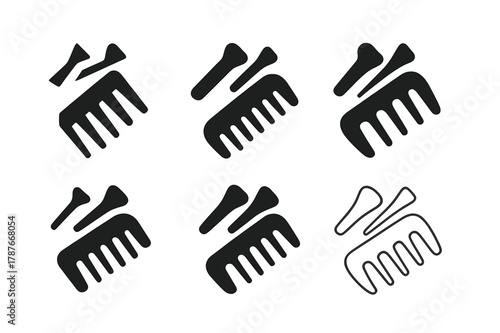 Haircutting Logo Set. Haircutting comb and clips. Set Logo of Haircutting comb and clips: Wide-tooth detangling comb. Icon set. harmonious logo variations of
