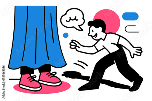 Playful Hide and Seek. Behind the Curtain. A pair of shoes peek below a flowing drape; a giggle bubble floats like a tiny cloud. The seeker?s shadow stretches