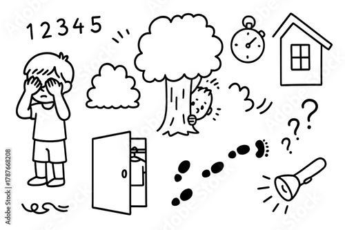 Hide and Seek Elements. Hide and seek. Hand-drawn doodle illustration hide and seek child covering eyes, tree to hide behind, bushes, footprints, peeking face,