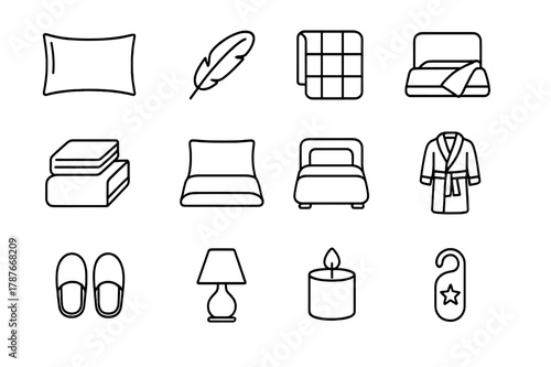 Luxury Bedding Icons. Luxury Bedding. Line icon set of Luxury Bedding: silk pillowcase, feather pillow, comforter, bed runner, high thread sheet, duvet,