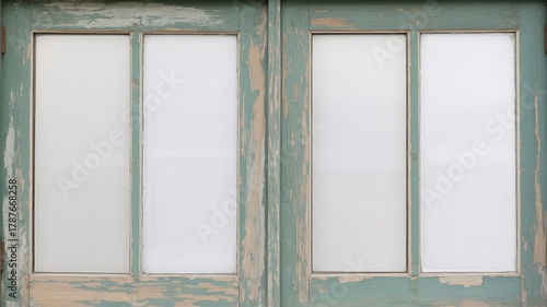 Weathered Green Painted Window Frames with White Glass Panes Texture