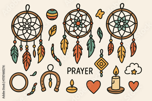 Colorful Dreamcatcher Doodles. Dreamcatchers. Hand-drawn doodle illustration dreamcatchers colored web, colored feather, colored bead, colored thread, colored