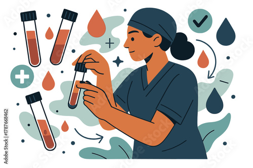 Dynamic Blood Test Scene. Blood test. Nurse preparing blood sample with abstract floating test tubes, drops, and icons; conveys accuracy, healthcare, and lab