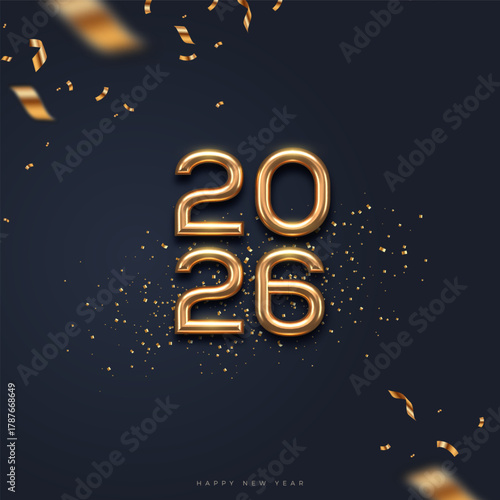 New year greeting card. 2026 new year golden logo and confetti on black background. Greeting design with gold metal new year sign.  Vector illustration.