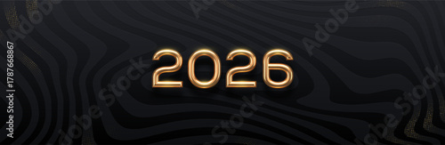 2026 new year golden logo on abstract black waves background. Greeting design with gold metal number of year. Design for greeting card, invitation, calendar, etc. Vector illustration.