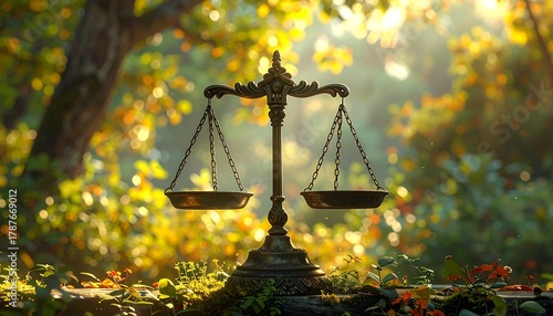 A golden, ornate balance scale sits amidst a lush forest with sun-dappled foliage, evoking themes of justice, fairness, and harmony
