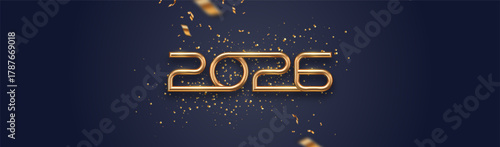 2026 new year golden logo and confetti on black background. Greeting card design with gold metal number of year. Vector illustration for greeting card, invitation, calendar, etc.