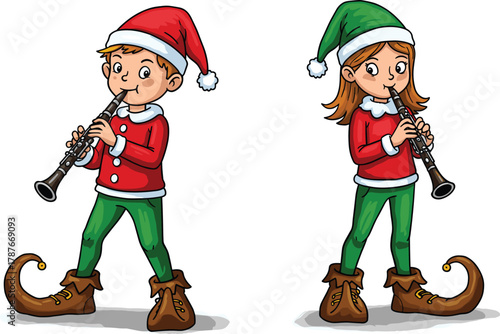 Cute Christmas boy and girl in festive elf costumes playing clarinet music together for holiday celebration vector illustration design