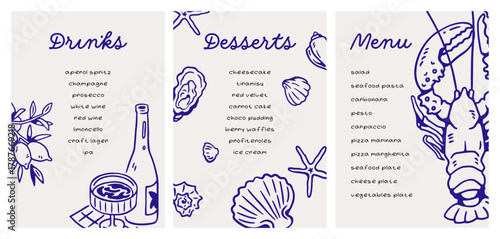 Italian seafood menu templates set. Doodle Dolce Vita style card designs with lobster, oysters, limoncello. Hand-drawn coastal sea food, bar, drink for Italy cafe, restaurant. Vector illustration