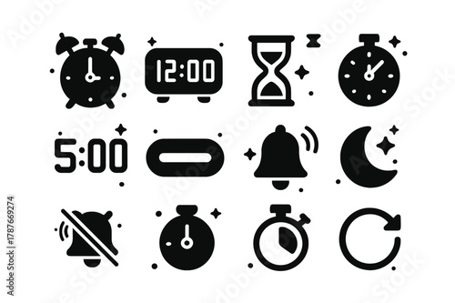 Alarms Timer Icons. Alarms and Timers. Solid icons set of Alarms and Timers: analog alarm clock, digital clock, hourglass, stopwatch, countdown digits, snooze