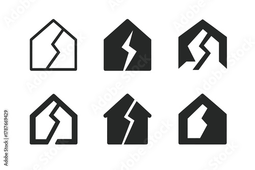 Property Damage Logos. Property damage risk. Set Logo of Property damage risk: house with fracture line. harmonious logo variations of the same emblematic