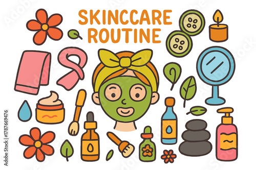 Colorful Skincare Doodle. skincare routine. Colorful Hand-drawn doodle Children illustration skincare routine face mask, cucumber slices, headband, towel,