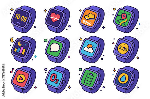Smartwatch Icon Set. Smartwatch features. Colorful isometric vector icons set of Smartwatch features: digital watch face, heart rate graph, step counter, GPS