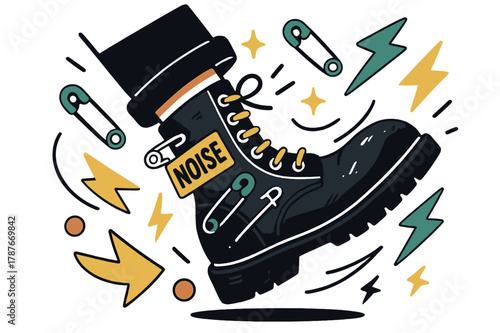 Punk Boots Energy. Punk revival boots. Safety pins and lightning bolts orbit around scuffed leather; a patch reads ?NOISE.? Rebel rhythm in every step. Modern