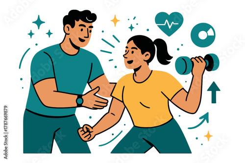 Dynamic Fitness Animation. Fitness training and personal coaching. Personal trainer guiding client through dumbbell exercises with abstract floating icons,