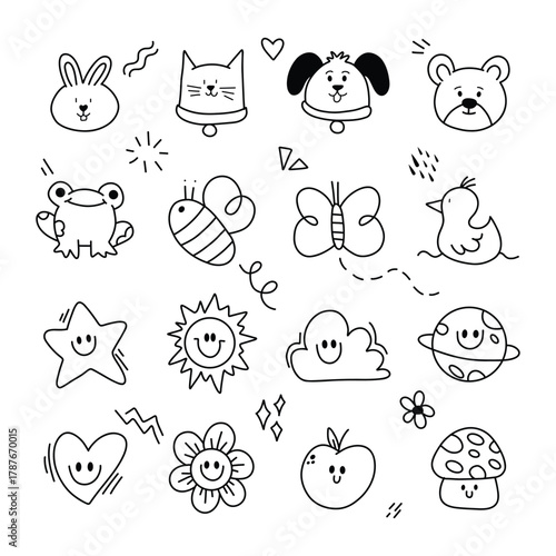 A collection of cartoon faces and animals, including a rabbit, cat, dog, and bear. Scene is lighthearted and playful