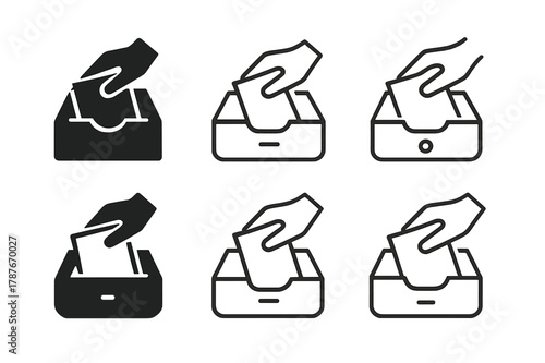 Clean Desk Icons. Cleaning Out a Drawer. Set Logo of Clean Desk Drawer: Filled silhouette, Minimal outline, Abstract geometric, Negative space, Stylized