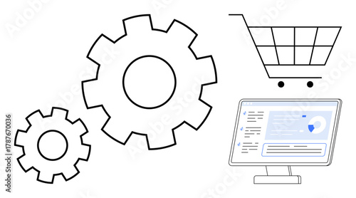 Interconnected gears, shopping cart outline, and computer monitor displaying analytics represent synchronized e-commerce operations. Ideal for automation, e-commerce, efficiency, workflow