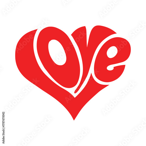Love is written in a heart shape. The heart shape is red and white. The word love is written in a different font