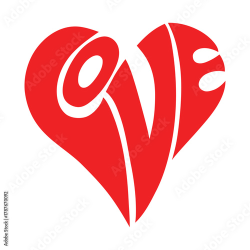 Love is written in red letters on a white background. The heart shape is red and white, and the letters are also red. Concept of warmth and affection, as love is often associated with these emotions