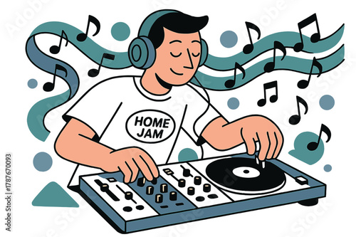 DJ Home Jam. DJ turntable ? Portable mixer practice. DJ in headphones adjusts knobs; musical notes flow like ribbons. Tag reads ?HOME JAM?. Modern flat-line