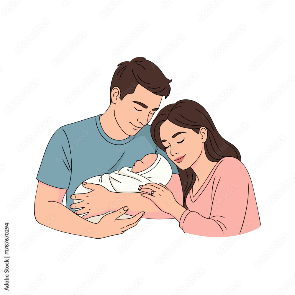 Obraz premium Young couple holding newborn baby together with love in home setting 