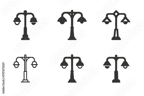 Streetlight Logo Variations. Lamp. Set Logo of Lamp: Streetlight with twin heads. Icon set. harmonious logo variations of the same emblematic concept, each