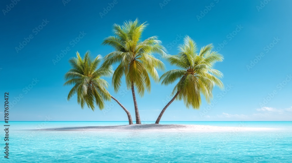 Fototapeta premium A tranquil paradise unfolds as three lush palm trees rise from a sandy island, surrounded by crystal-clear turquoise waters. Gentle waves lap the shore under a bright, azure sky