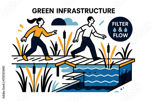 Wetlands and Boardwalks. Green infrastructure ? Constructed wetlands for stormwater. Reeds sway around boardwalks; water levels mark neat tiers in a cutaway.