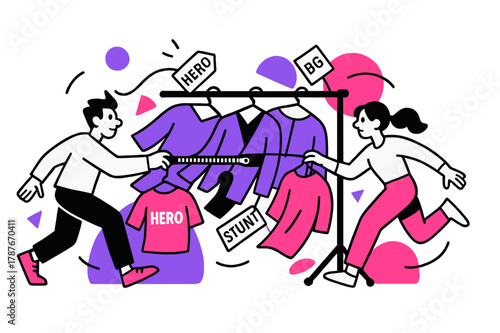 Costume Rack Rush. Behind-the-scenes filming ? Costume rack rush. Hangers swing like pendulums; tags ?HERO?, ?STUNT?, ?BG? flutter. A zipper line zips across