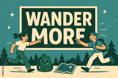 Explore Adventure Banner. Wander more banner, flat vector illustration, bold oversized text inside rectangular frame, cartoon characters running and pointing,