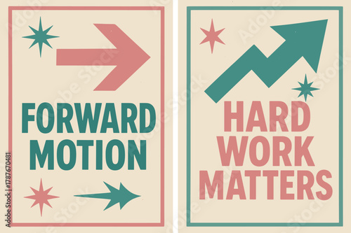 Retro Forward Banners. Forward motion. Two vertical A6 banners with safe margins, centered composition, no elements touching edges, retro, pink and teal,