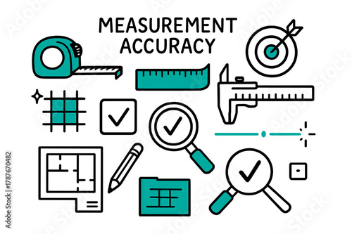 Precision Tools Illustration. // Measurement accuracy. Hand-drawn doodle illustration Measurement accuracy [tape measure (accented), ruler (accented), target