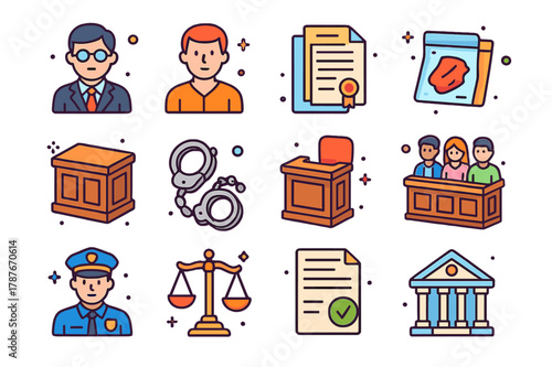 Criminal Defense Icons. Criminal defense. Colorful isometric vector icons set of criminal defense: defense lawyer, defendant, legal documents, evidence,