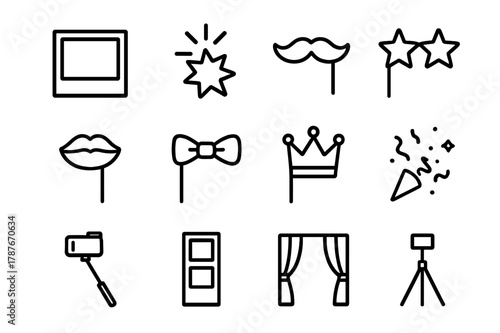Photo Booth Icons. Photo Booth Fun. Line icon set of Photo Booth Fun: photo frame, camera flash, prop mustache, star glasses, lips prop, bow tie prop, crown