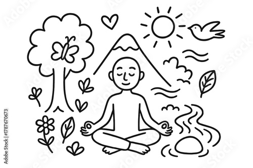 Outdoor Meditation Doodle. Meditation outdoors. Hand-drawn doodle illustration meditation outdoors lotus pose figure, mountain, tree, sun, bird, calm face,