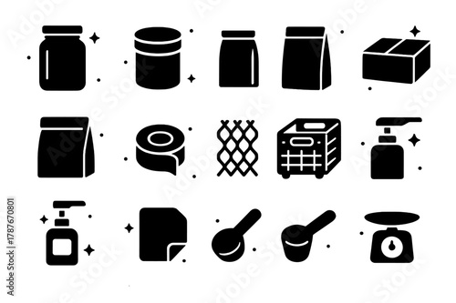 Zero-Waste Packaging Icons. Zero-waste packaging for retail. Solid icons set of Zero-waste packaging for retail: glass jar, metal tin, paper pouch, kraft box,