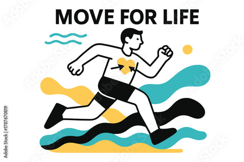 Energetic Runner Illustration. Why We Need to Exercise. A dynamic figure runs through abstract waves of energy; ?Move for Life? floats above glowing rhythm